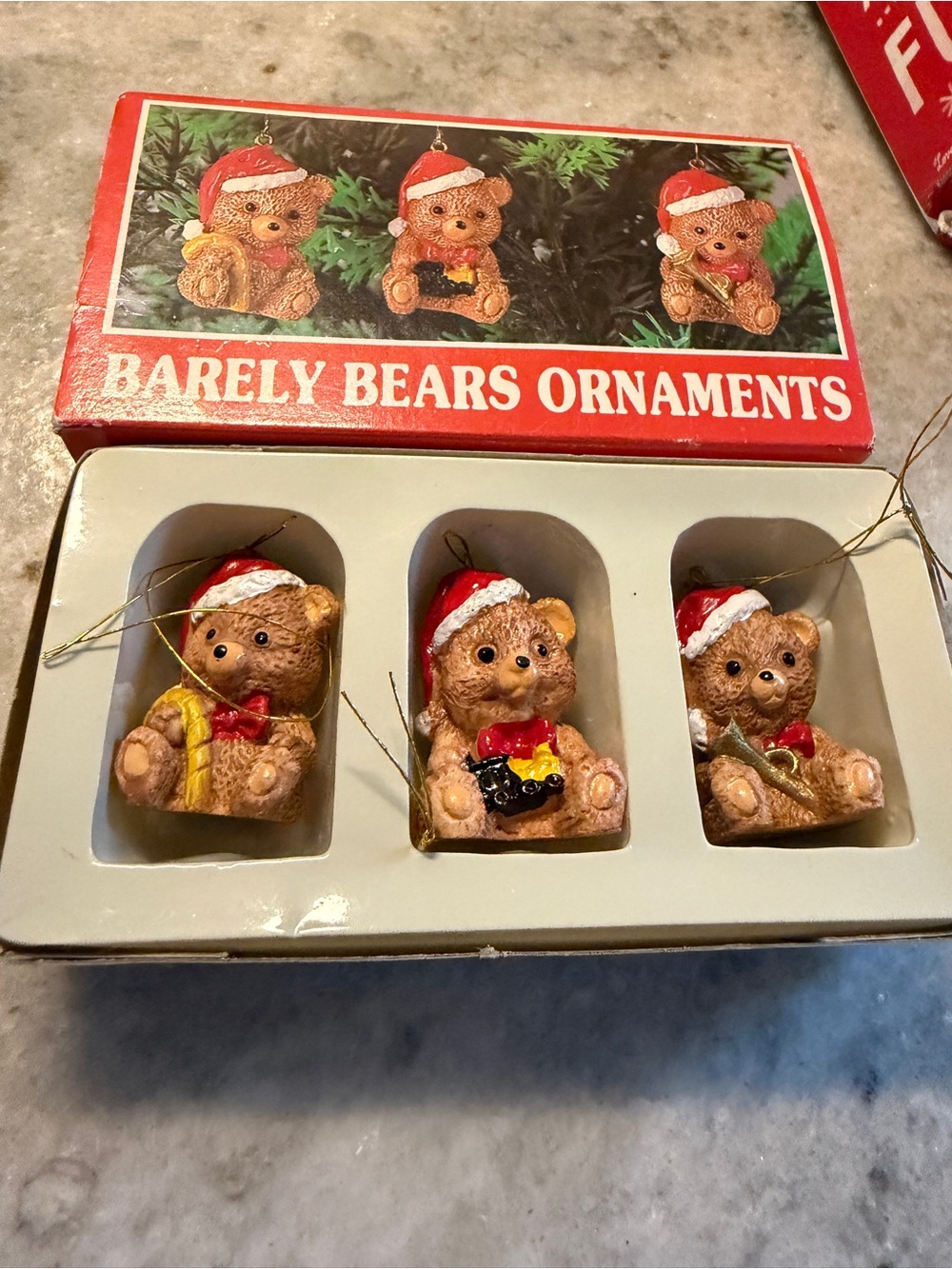 Barely Bears Handpainted Teddy Bear Ornaments - Brown with Red Hats (Set of 3)
